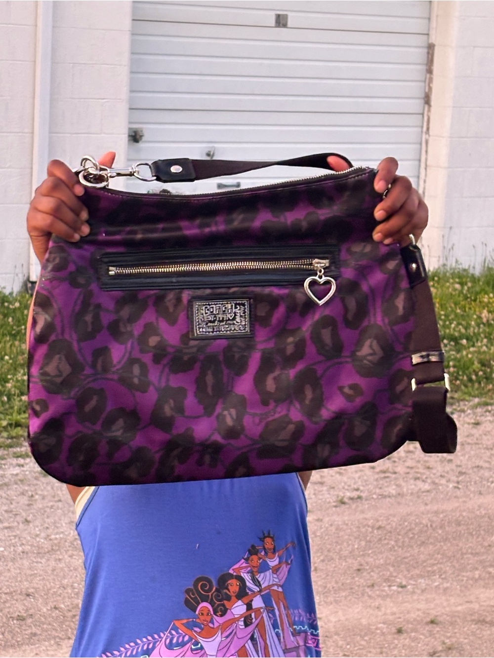 Coach Purple Leopard Print Shoulder Bag with Heart Charm